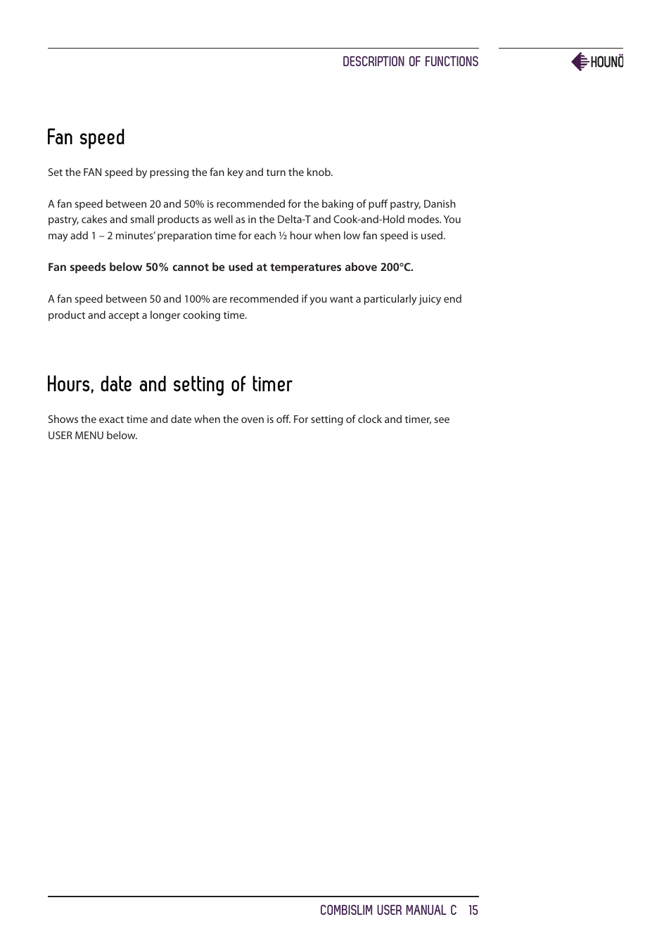 Fan speed, Hours, date and setting of timer | HOUNO CombiSlim C ovens User Manual | Page 15 / 32