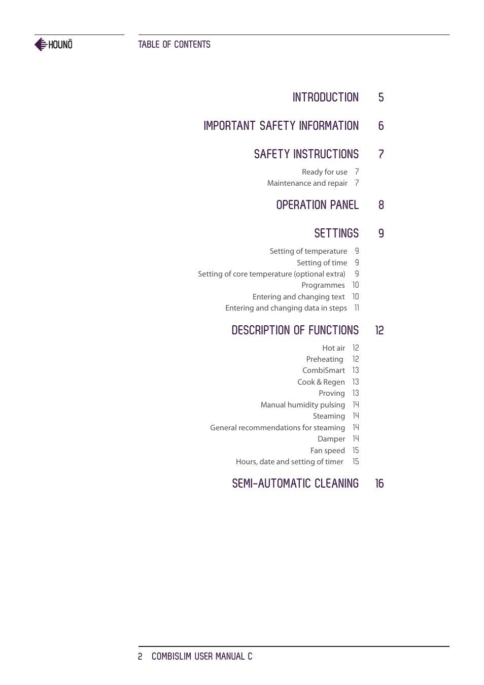 Operation panel 8 settings 9, Description of functions 12, Semi-automatic cleaning 16 | HOUNO CombiSlim C ovens User Manual | Page 2 / 32