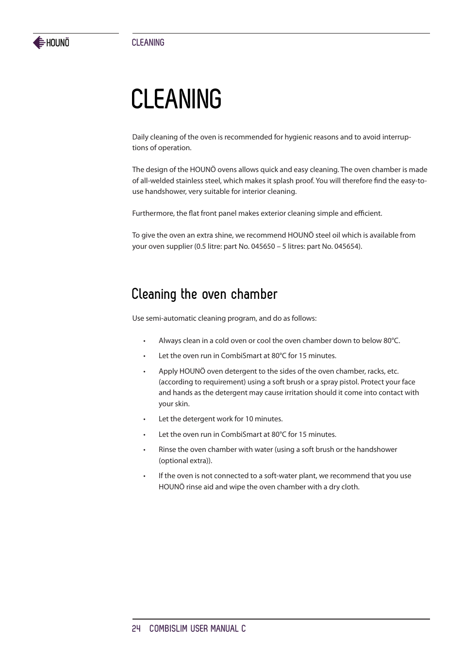 Cleaning, Cleaning the oven chamber | HOUNO CombiSlim C ovens User Manual | Page 24 / 32