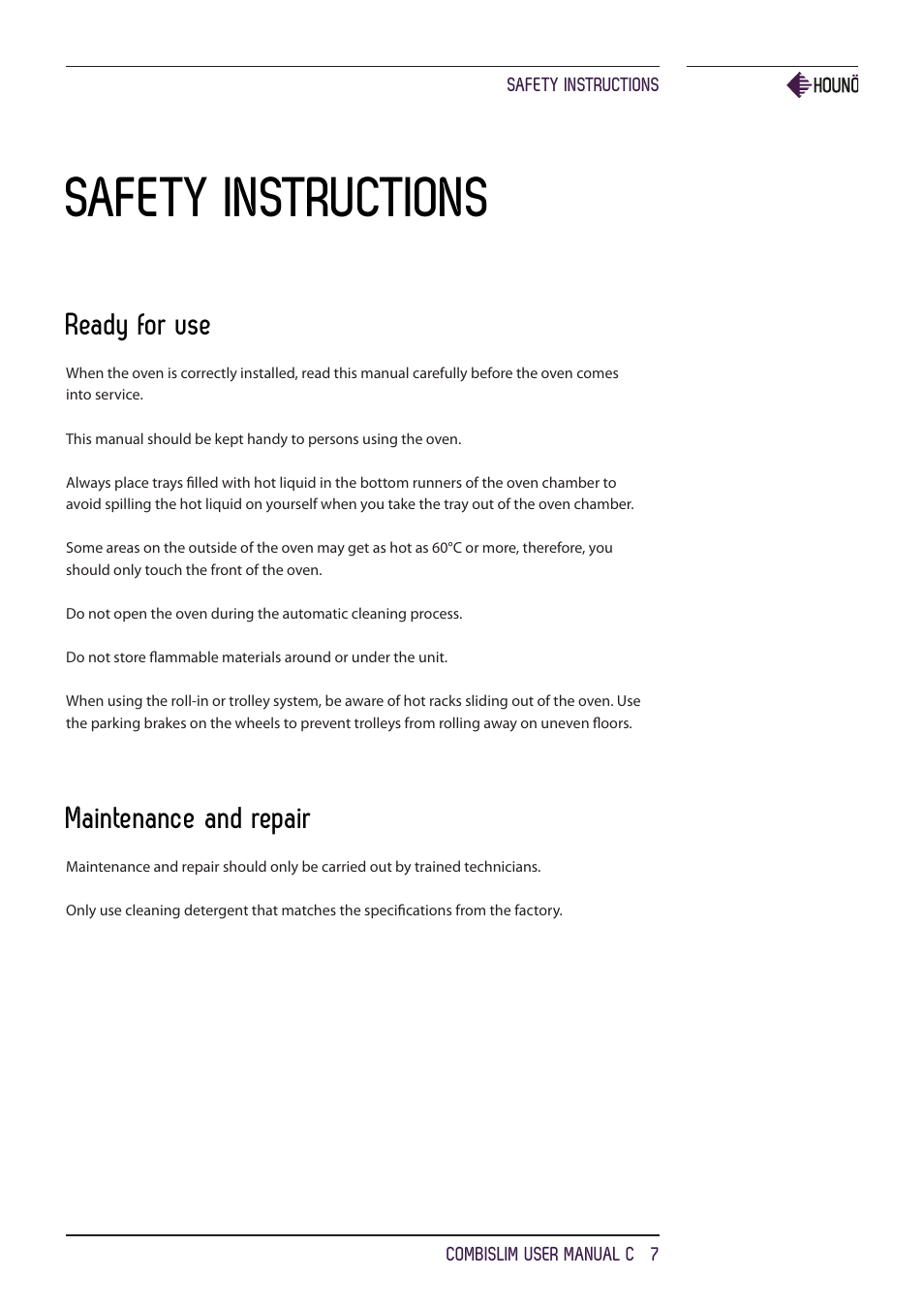 Safety instructions, Ready for use, Maintenance and repair | HOUNO CombiSlim C ovens User Manual | Page 7 / 32