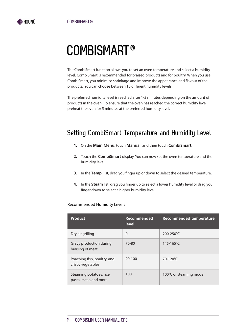 Combismart, Setting combismart temperature and humidity level | HOUNO CombiSlim CPE ovens User Manual | Page 14 / 36