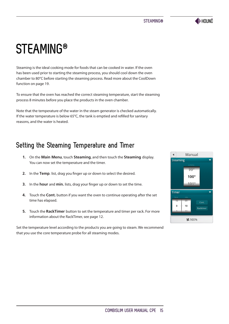 Steaming, Setting the steaming temperature and timer | HOUNO CombiSlim CPE ovens User Manual | Page 15 / 36