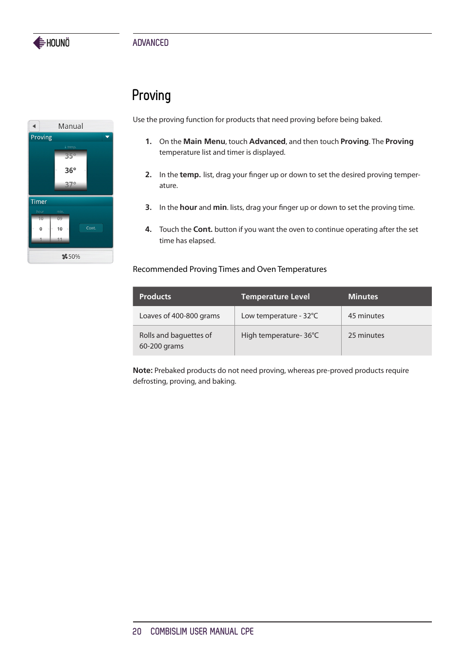 Proving | HOUNO CombiSlim CPE ovens User Manual | Page 20 / 36