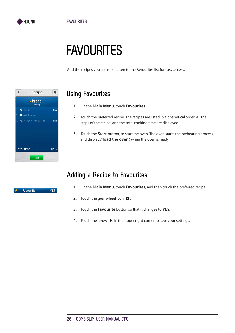 Favourites, Using favourites, Adding a recipe to favourites | HOUNO CombiSlim CPE ovens User Manual | Page 26 / 36