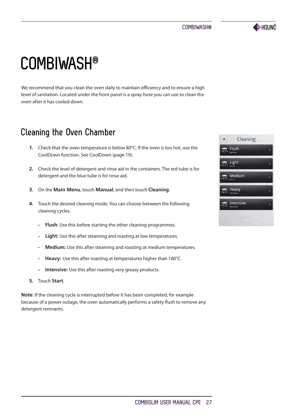 Combiwash, Cleaning the oven chamber | HOUNO CombiSlim CPE ovens User Manual | Page 27 / 36