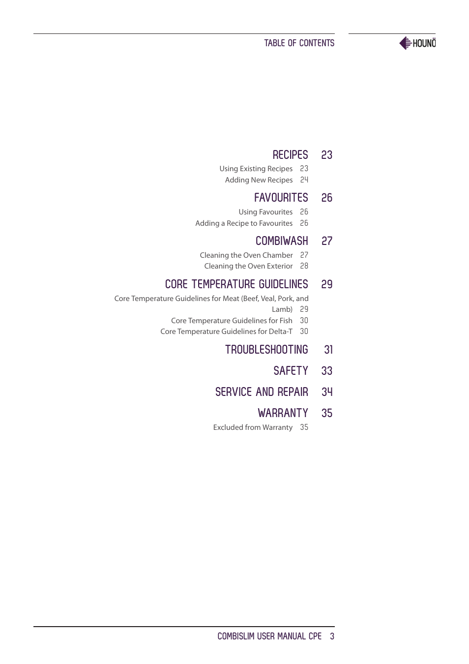 Recipes 23, Favourites 26, Combiwash 27 | Core temperature guidelines 29 | HOUNO CombiSlim CPE ovens User Manual | Page 3 / 36