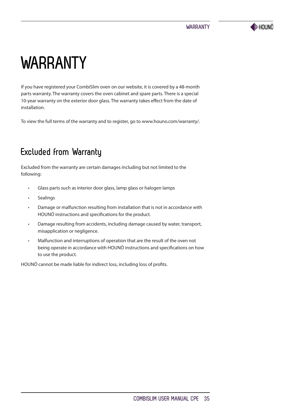 Warranty, Excluded from warranty | HOUNO CombiSlim CPE ovens User Manual | Page 35 / 36