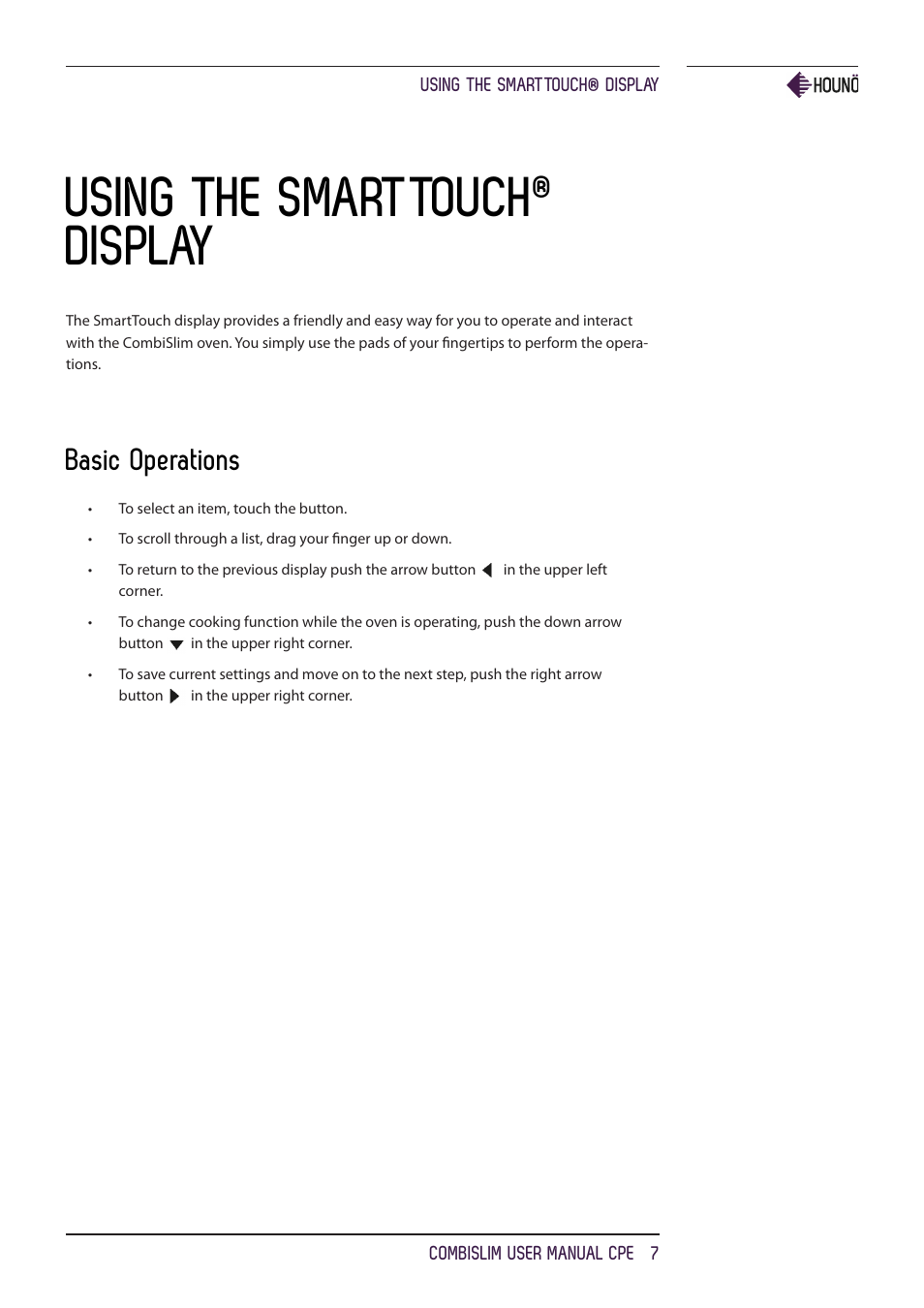 Using the smarttouch, Display, Basic operations | HOUNO CombiSlim CPE ovens User Manual | Page 7 / 36