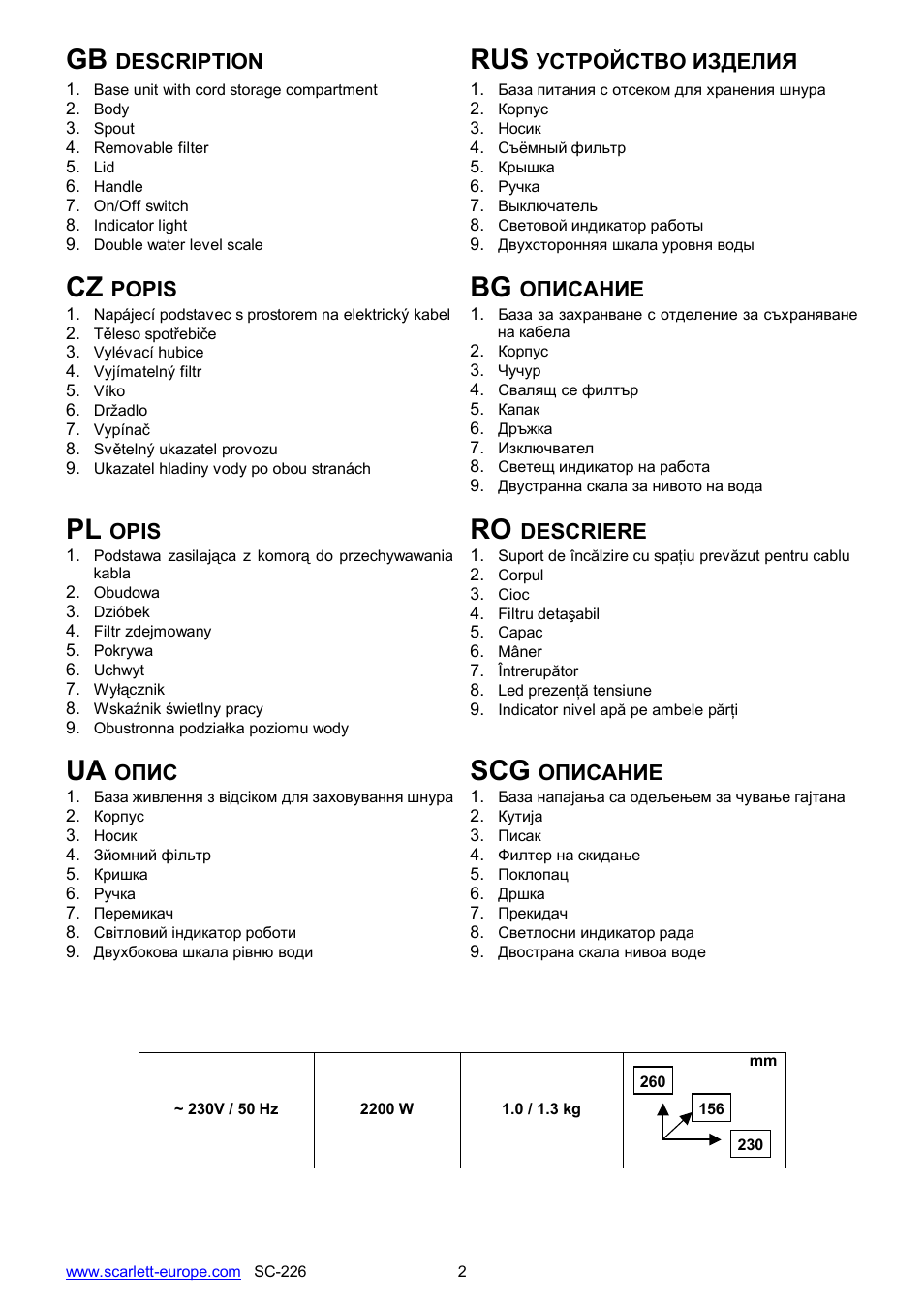 Ua scg, Description, Popis | Opis, Descriere | Scarlett SC-226 User Manual | Page 2 / 20
