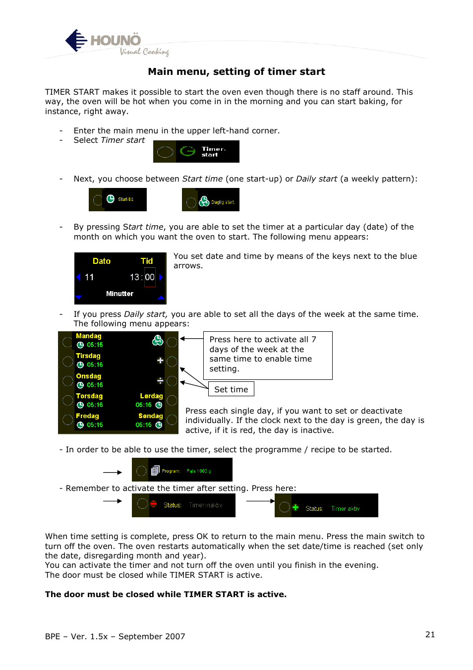 Main menu, setting of timer start | HOUNO BPE User Manual | Page 21 / 48