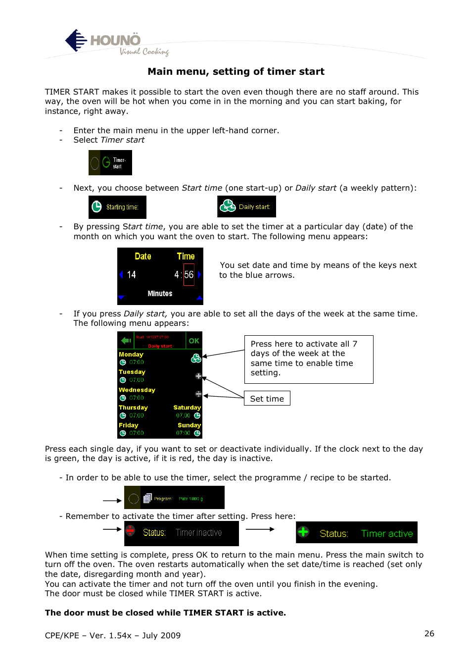 Main menu, setting of timer start | HOUNO CPE-gas User Manual | Page 26 / 55