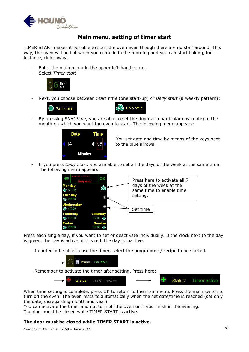 Main menu, setting of timer start | HOUNO CombiSlim CPE User Manual | Page 26 / 54