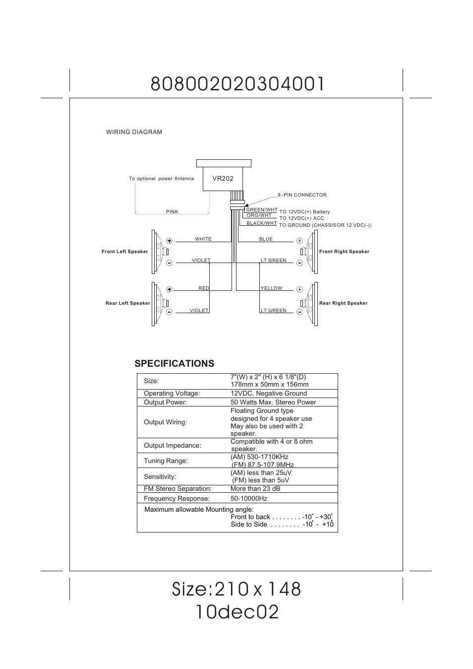 Specifications | ASA Electronics VR202 User Manual | Page 5 / 8