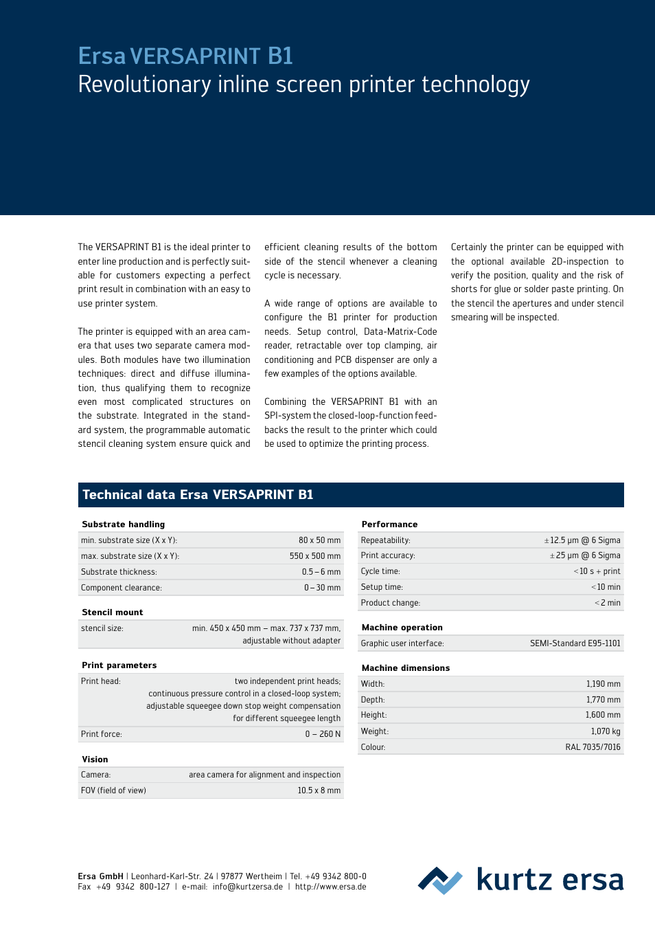 Ersa, B1 revolutionary inline screen printer technology, Versaprint | Technical data ersa versaprint b1 | kurtz ersa VERSAPRINT B1 EN User Manual | Page 2 / 2