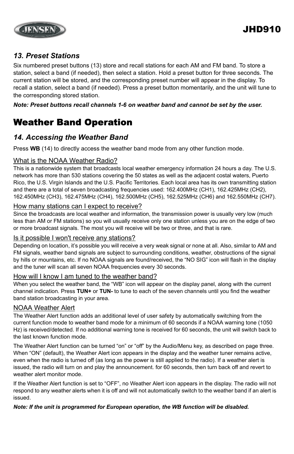 Preset stations, Weather band operation, Accessing the weather band | Jhd910 | ASA Electronics JHD910 User Manual | Page 10 / 12