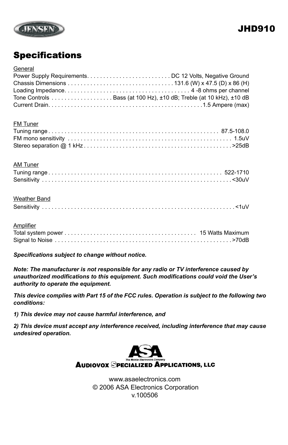 Jhd910, Specifications | ASA Electronics JHD910 User Manual | Page 12 / 12