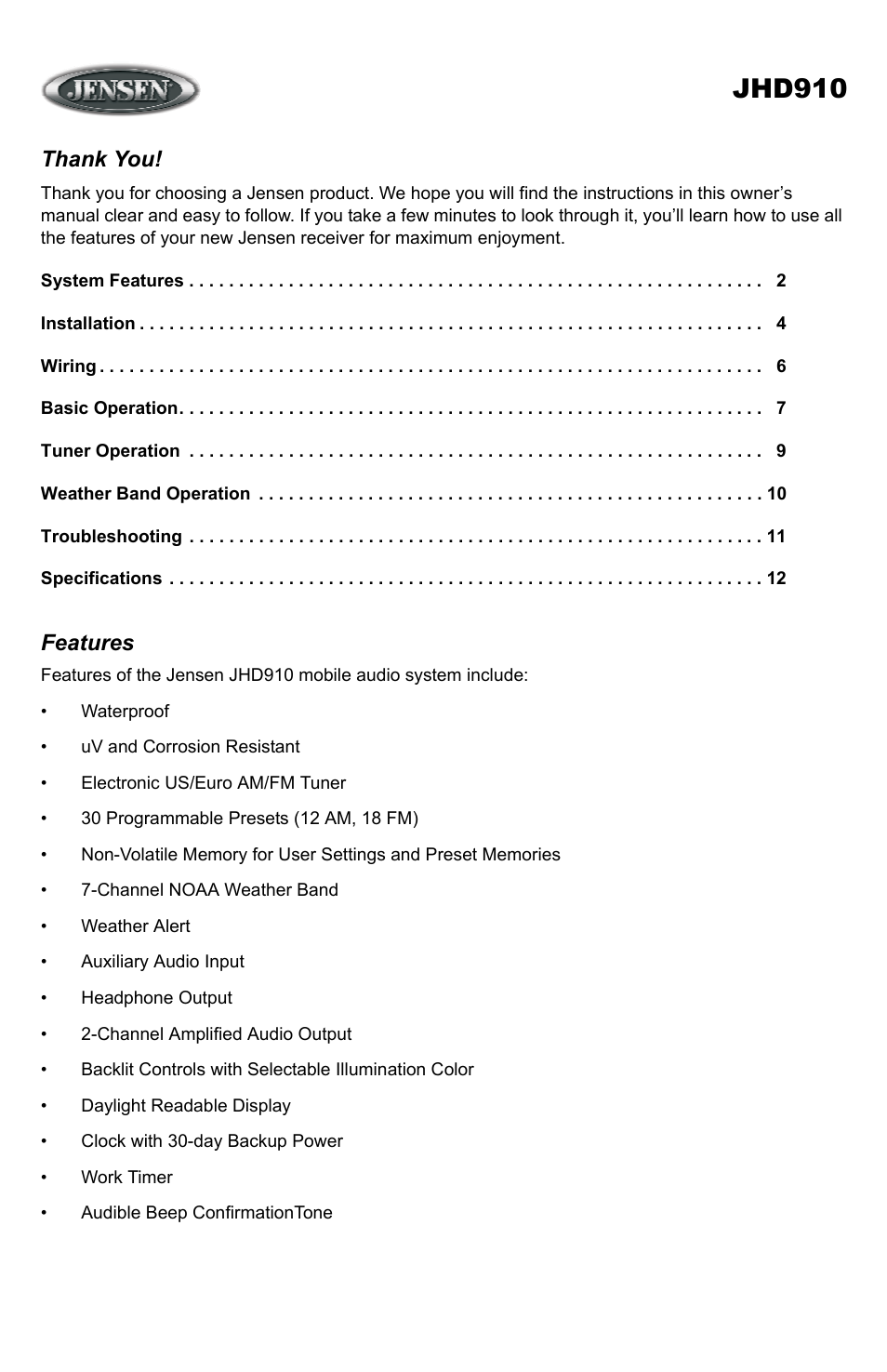 Thank you, Features, Jhd910 | ASA Electronics JHD910 User Manual | Page 2 / 12