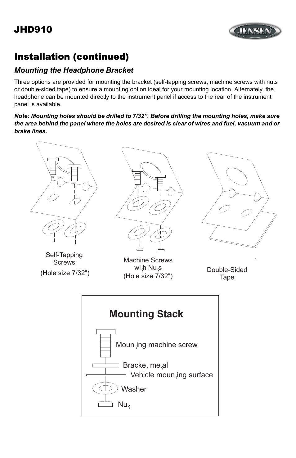 Installation (continued), Mounting the headphone bracket, Mounting stack | Jhd910 | ASA Electronics JHD910 User Manual | Page 5 / 12