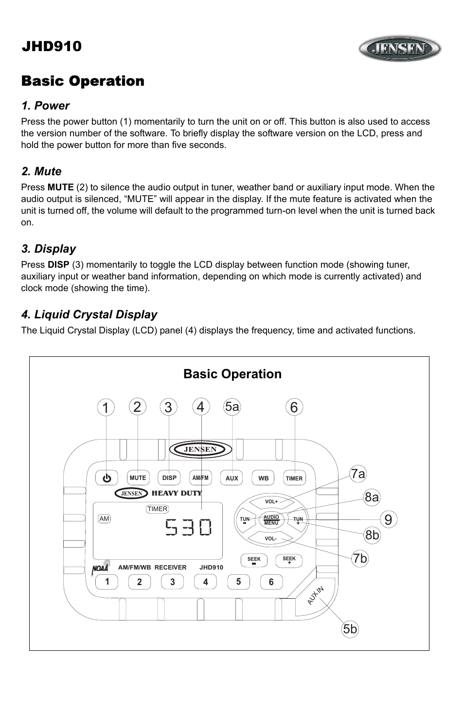 Basic operation, Power, Mute | Display, Liquid crystal display, Jhd910 | ASA Electronics JHD910 User Manual | Page 7 / 12