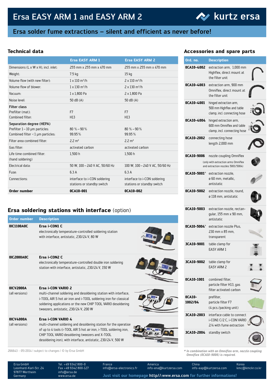 Ersa easy arm 1 and easy arm 2, Ersa soldering stations with interface (option), Technical data accessories and spare parts | kurtz ersa EASY ARM 2: Flexible & efficient EN User Manual | Page 2 / 2