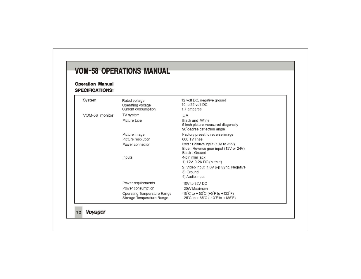 Operation manual specifications, Vom-58 operations manual, Voyager | ASA Electronics VOM-58 User Manual | Page 13 / 15