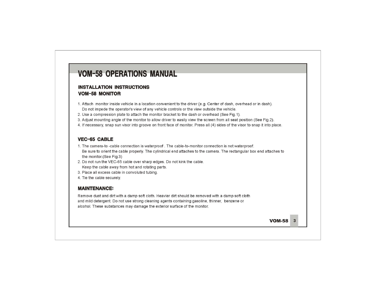 Installation instructions vom-58 monitor, Vec-65 cable, Maintenance | Vom-58 operations manual | ASA Electronics VOM-58 User Manual | Page 4 / 15