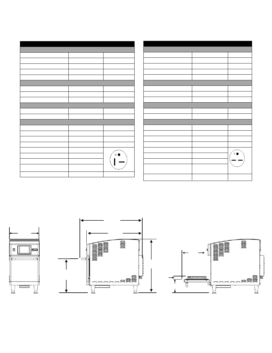 Utility specification, Exterior dimensions (per oven), Eikon e2t (twin) overall size | Oven cavity dimensions (per oven), Wall clearance (per oven), Electrical specifications (per oven), Eikon e2 overall size, Oven cavity dimensions, Wall clearance, Electrical specifications | Merrychef eikon e6 User Manual | Page 5 / 20