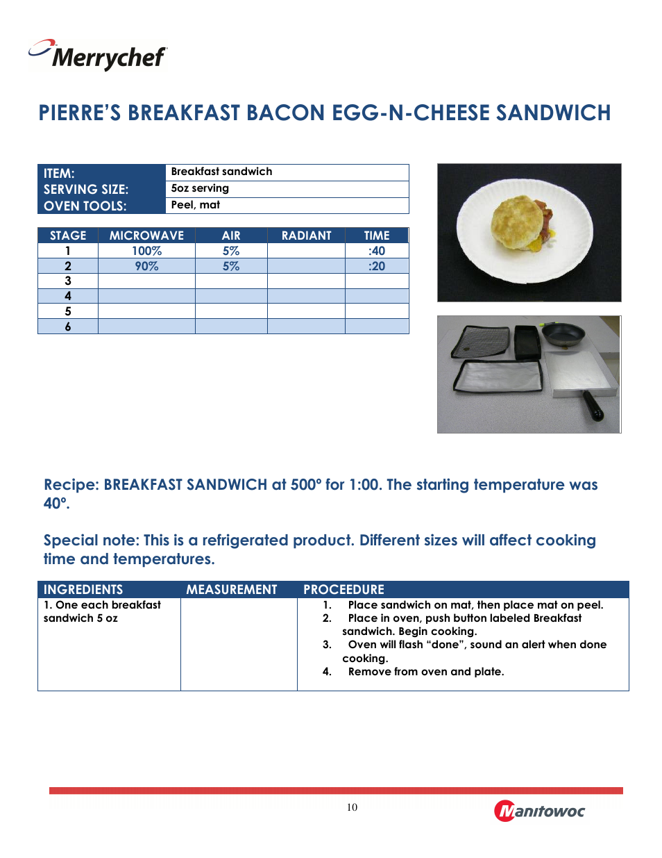 Pierre’s breakfast bacon egg-n-cheese sandwich | Merrychef eikon e2 User Manual | Page 10 / 30
