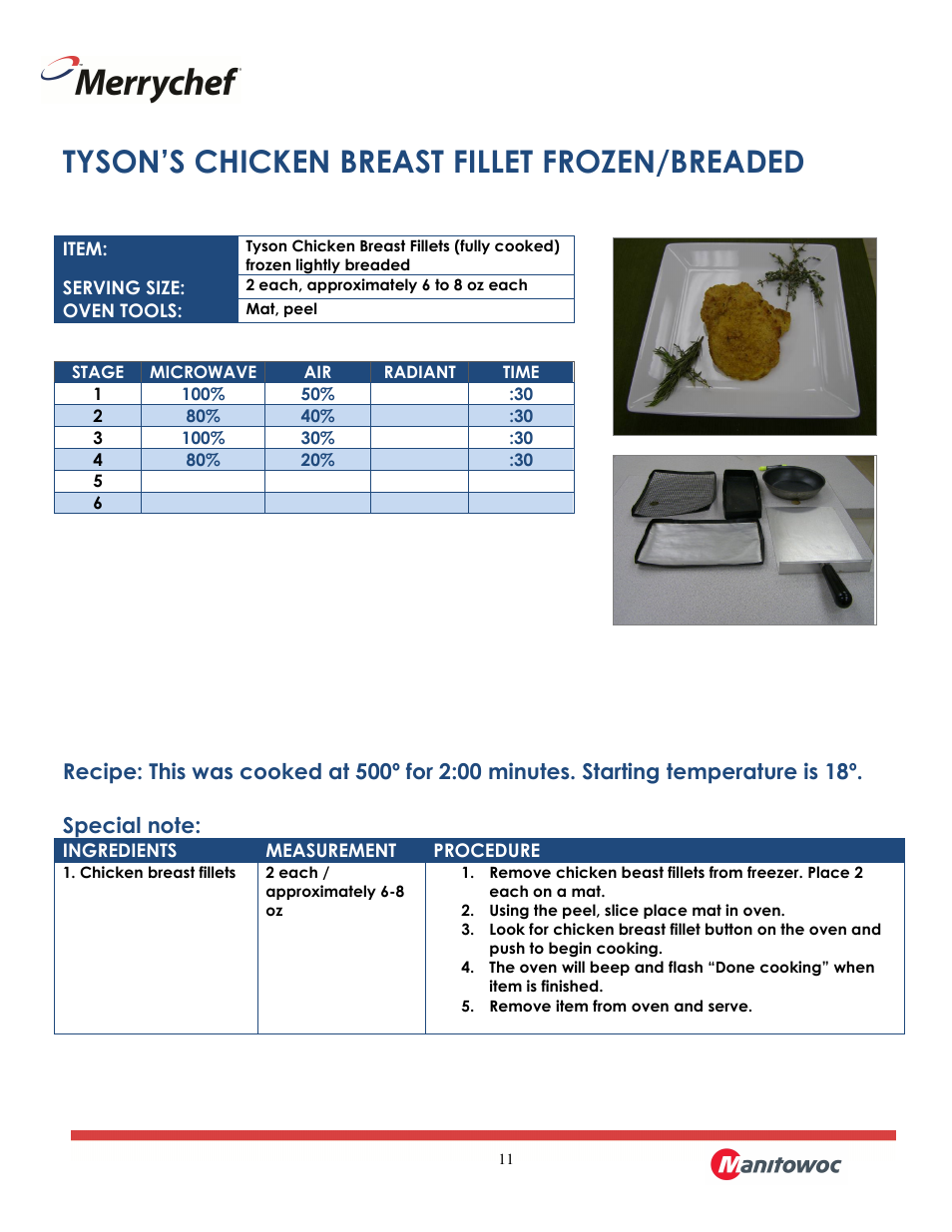 Tyson’s chicken breast fillet frozen/breaded | Merrychef eikon e2 User Manual | Page 11 / 30