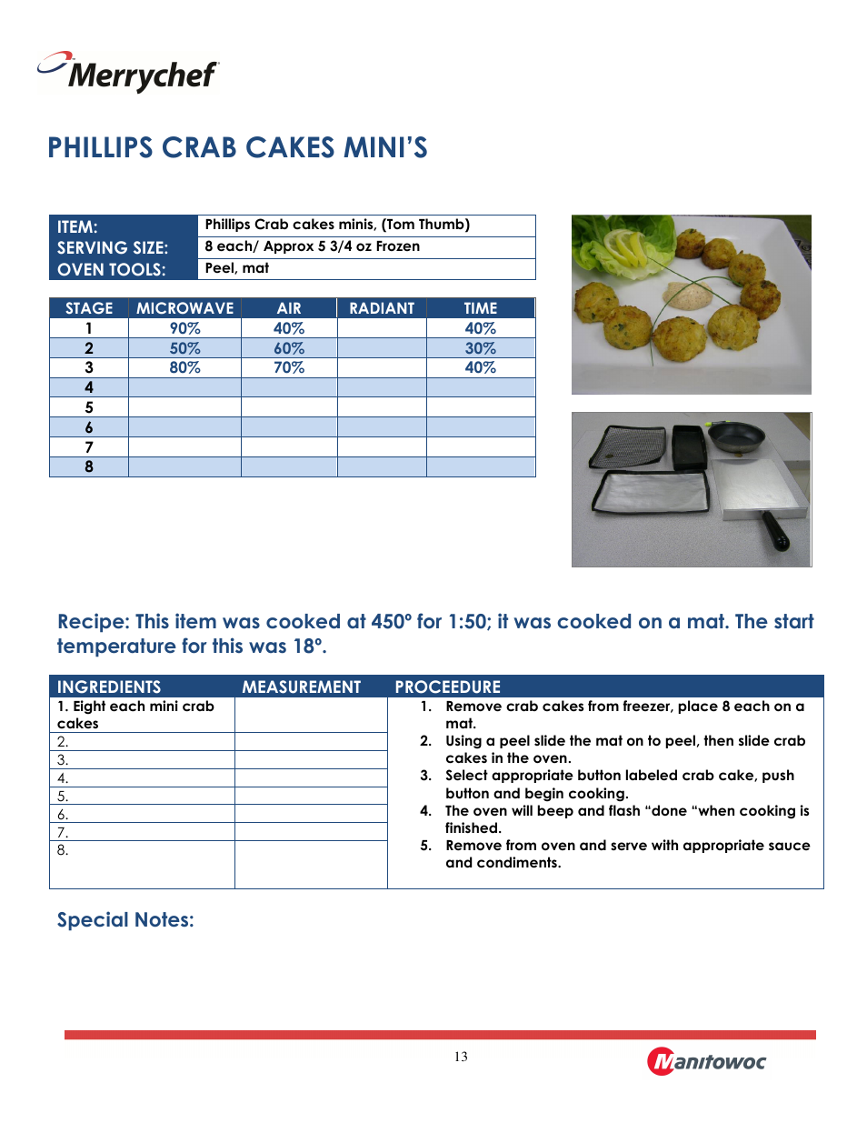 Phillips crab cakes mini’s | Merrychef eikon e2 User Manual | Page 13 / 30