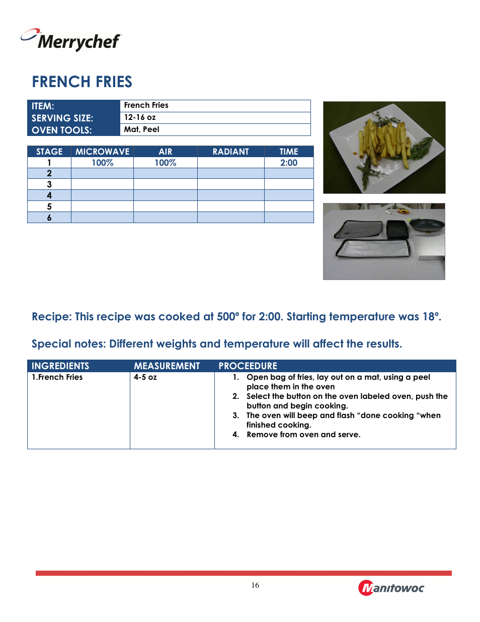 French fries | Merrychef eikon e2 User Manual | Page 16 / 30