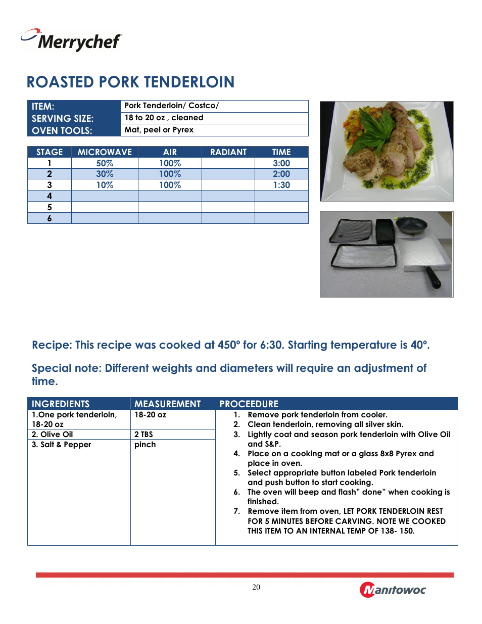 Roasted pork tenderloin | Merrychef eikon e2 User Manual | Page 20 / 30