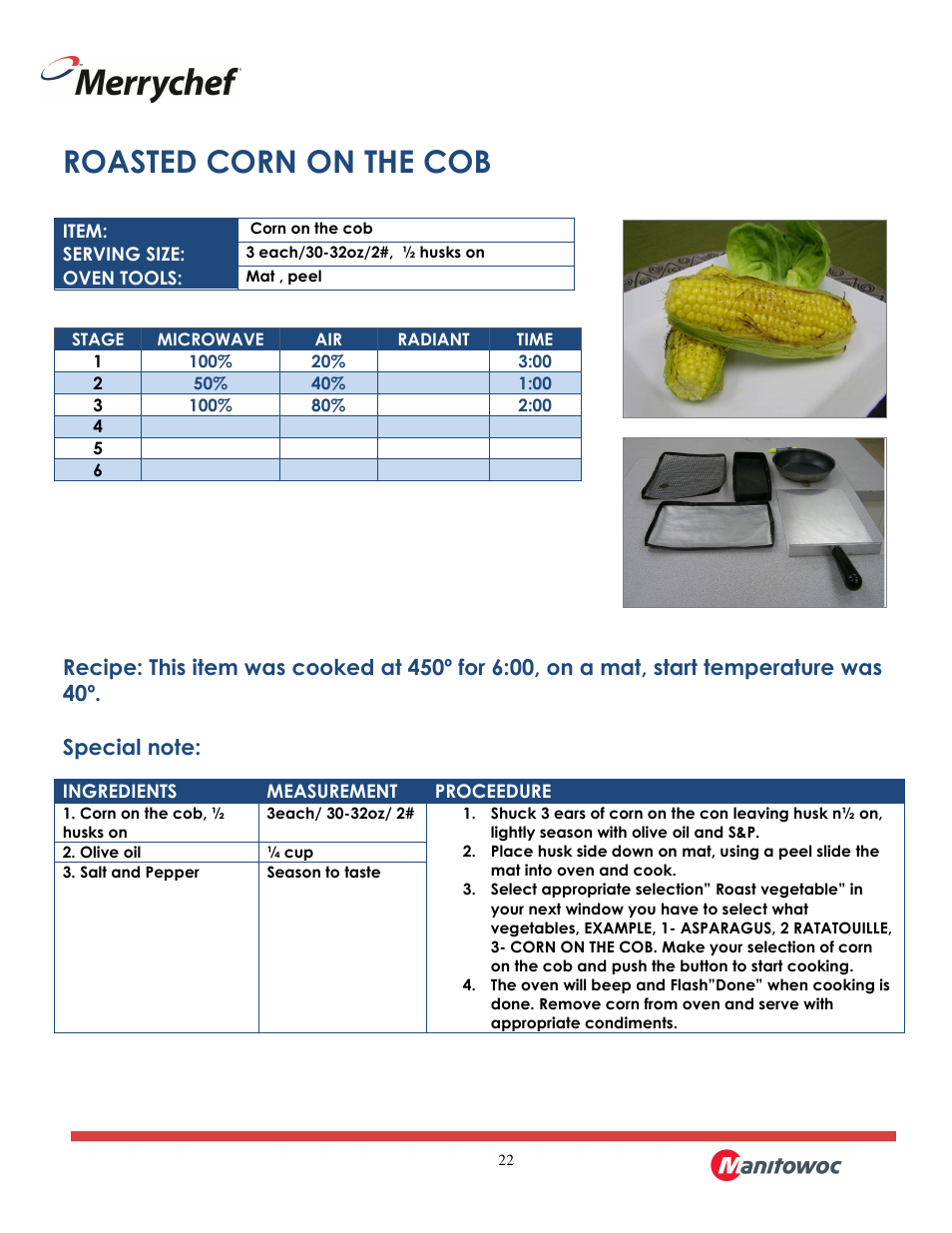 Roasted corn on the cob | Merrychef eikon e2 User Manual | Page 22 / 30