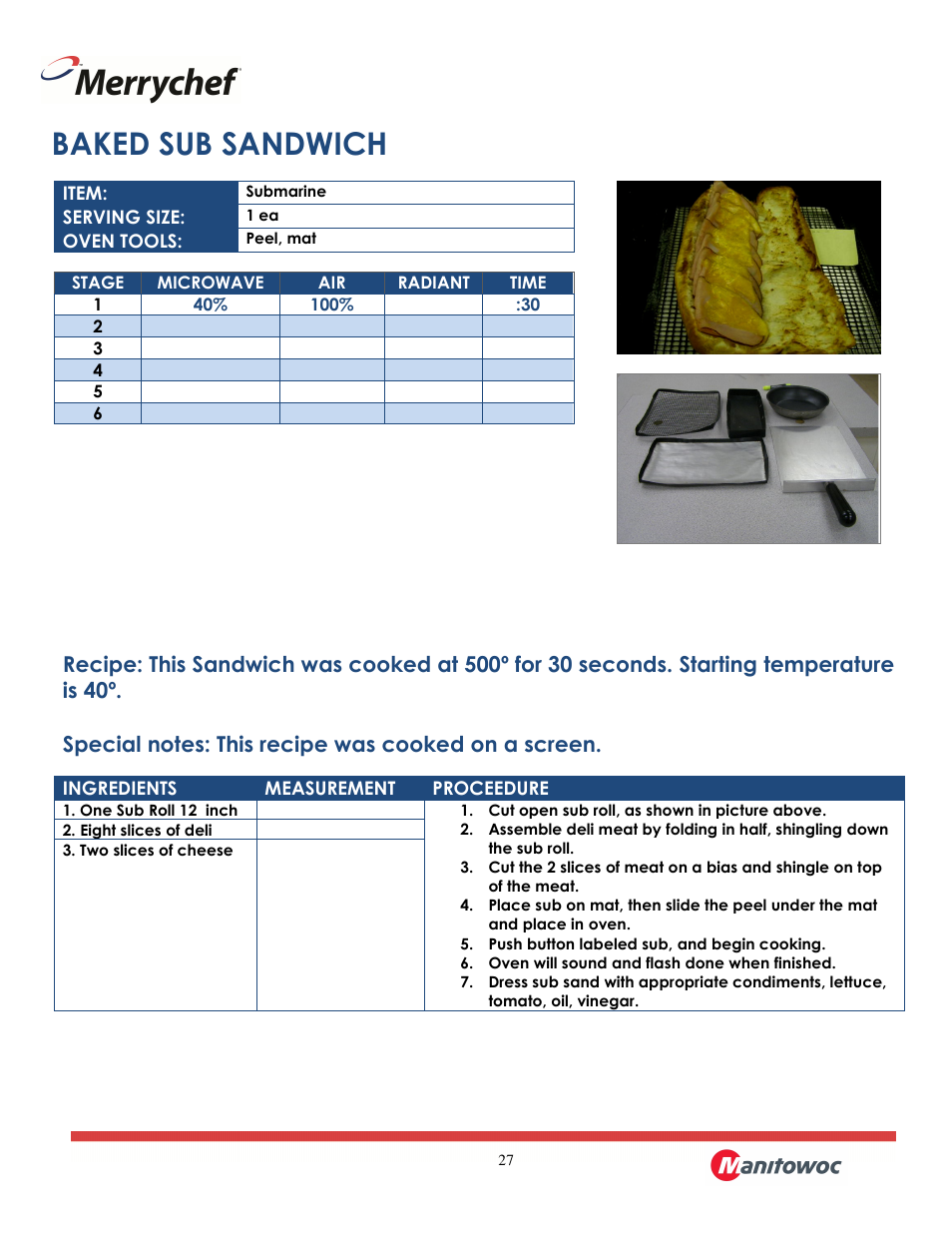 Baked sub sandwich | Merrychef eikon e2 User Manual | Page 27 / 30