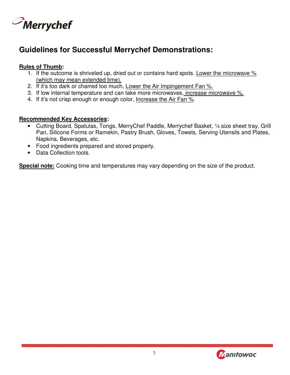 Guidelines for successful merrychef demonstrations | Merrychef eikon e2 User Manual | Page 3 / 30