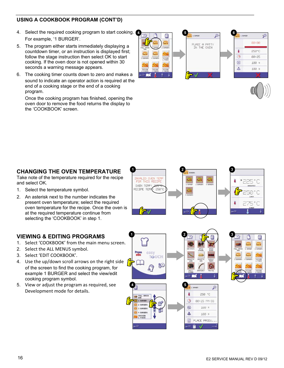 Changing the oven temperature, Viewing & editing programs, Using a cookbook program (cont’d) | Select ‘cookbook’ from the main menu screen, Select the all menus symbol, Select ‘edit cookbook, Use the up/down scroll arrows on the right side of | Merrychef eikon e6 User Manual | Page 16 / 64