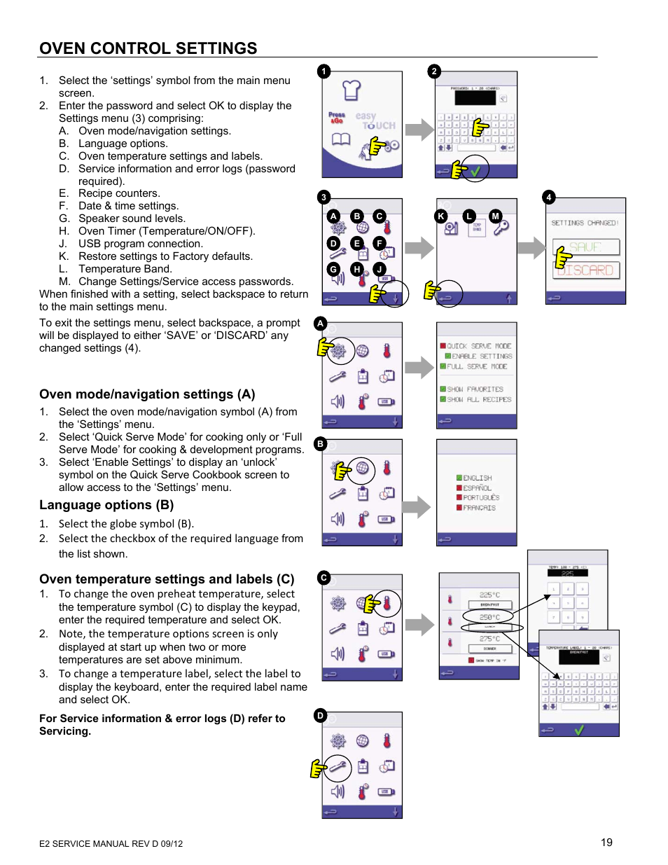 Oven control settings, Oven mode/navigation settings (a), Language options (b) | Oven temperature settings and labels (c) | Merrychef eikon e6 User Manual | Page 19 / 64