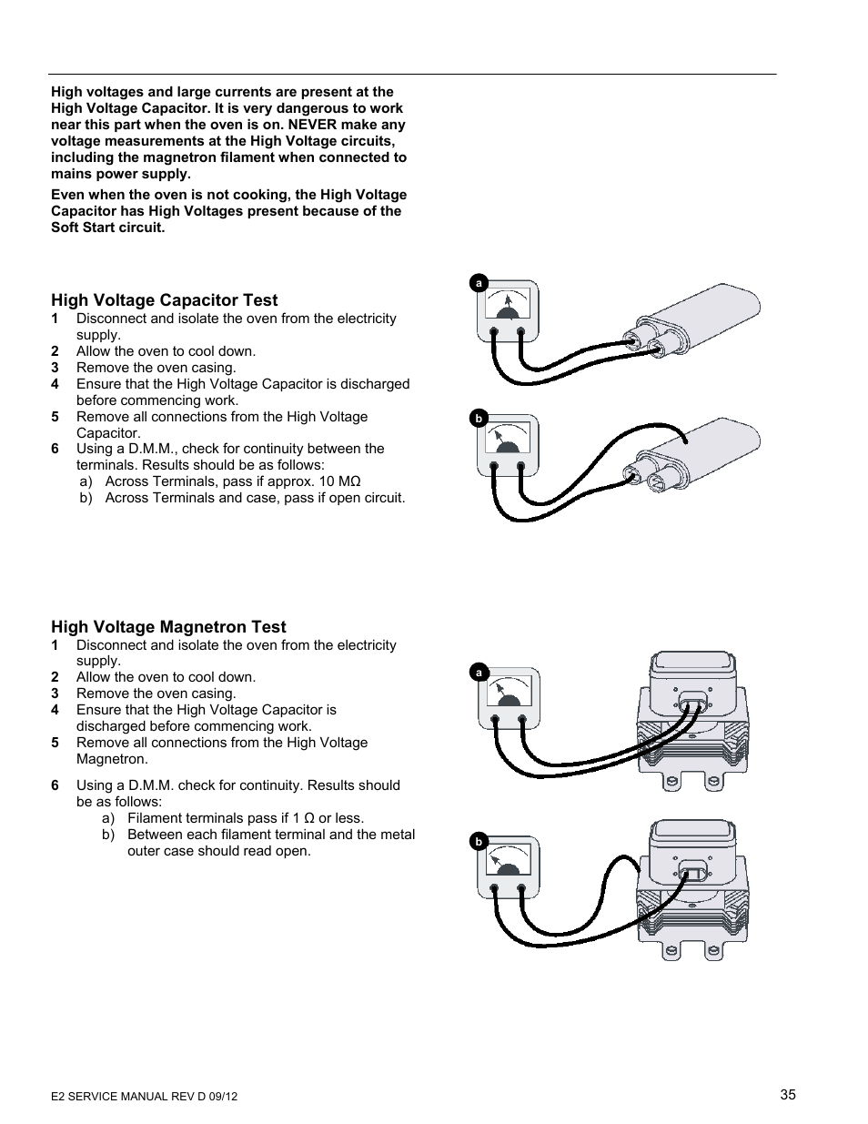 High voltage capacitor test, High voltage magnetron test | Merrychef eikon e6 User Manual | Page 35 / 64