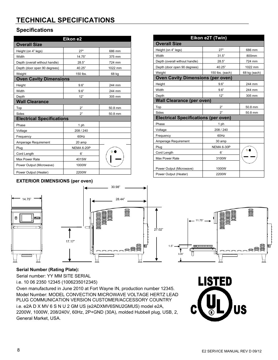 Technical specifications, Specifications, Exterior dimensions (per oven) | Serial number (rating plate), Serial number: yy mm site serial, Eikon e2t (twin) overall size, Oven cavity dimensions (per oven), Wall clearance (per oven), Electrical specifications (per oven), Eikon e2 overall size | Merrychef eikon e6 User Manual | Page 8 / 64