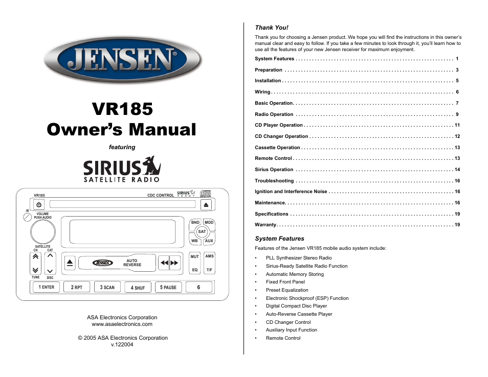 ASA Electronics VR185 User Manual | 21 pages