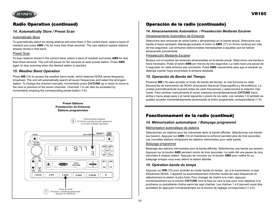 Radio operation (continued), Automatically store / preset scan, Weather band operation | Operación de la radio (continuado), Operación de banda del tiempo, Mémorisation automatique / balayage programmé, Opération bande du temps, Vr185, Fonctionnement de la radio (continué) | ASA Electronics VR185 User Manual | Page 10 / 21