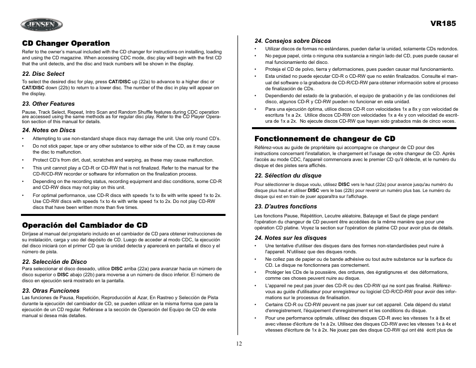 Consejos sobre discos, Fonctionnement de changeur de cd, Sélection du disque | D'autres fonctions, Notes sur les disques, Cd changer operation, Disc select, Other features, Notes on discs, Operación del cambiador de cd | ASA Electronics VR185 User Manual | Page 12 / 21