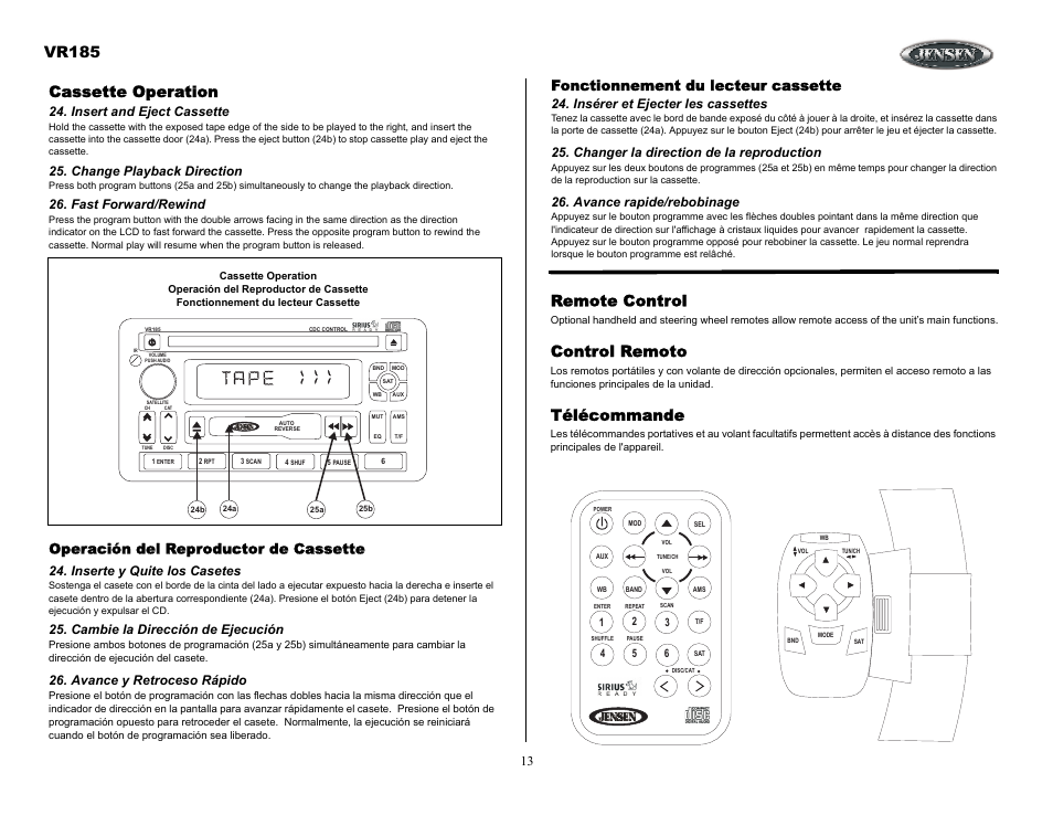 Cassette operation, Insert and eject cassette, Change playback direction | Fast forward/rewind, Fonctionnement du lecteur cassette, Insérer et ejecter les cassettes, Changer la direction de la reproduction, Avance rapide/rebobinage, Remote control, Control remoto | ASA Electronics VR185 User Manual | Page 13 / 21