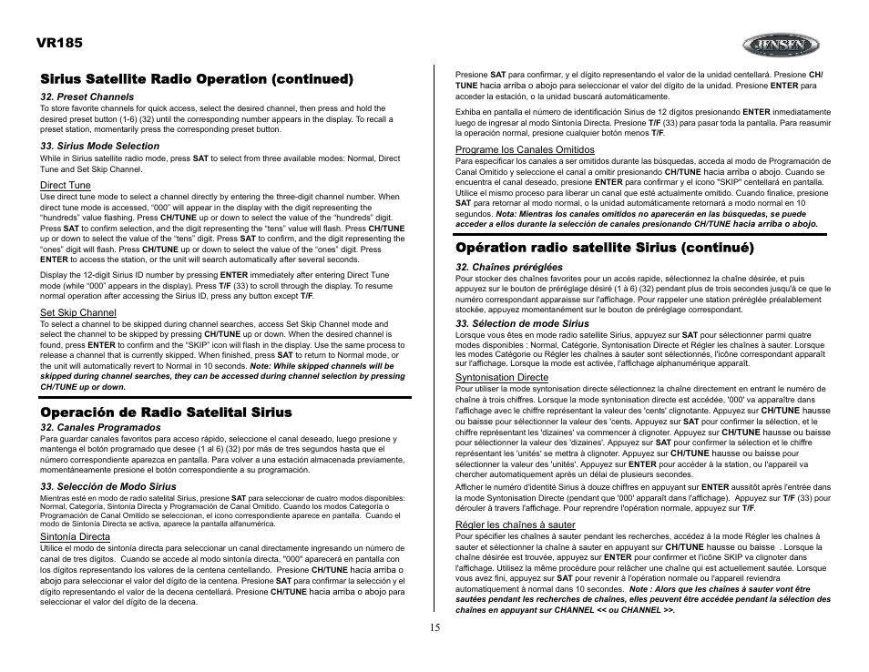 Sirius satellite radio operation (continued), Preset channels, Sirius mode selection | Operación de radio satelital sirius, Canales programados, Selección de modo sirius, Opération radio satellite sirius (continué), Chaînes préréglées, Sélection de mode sirius, Vr185 | ASA Electronics VR185 User Manual | Page 15 / 21