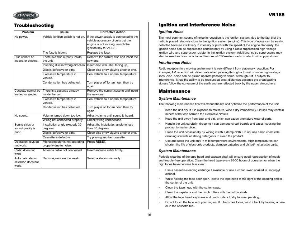 Troubleshooting, Ignition noise, Interference noise | System maintenance, Vr185, Ignition and interference noise, Maintenance | ASA Electronics VR185 User Manual | Page 16 / 21