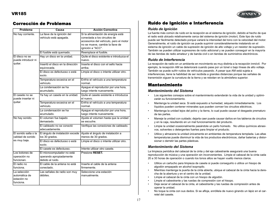 Corrección de problemas, Ruido de ignición, Ruido de interferencia | Mantenimiento del sistema, Vr185, Ruido de ignición e interferencia, Mantenimiento | ASA Electronics VR185 User Manual | Page 17 / 21