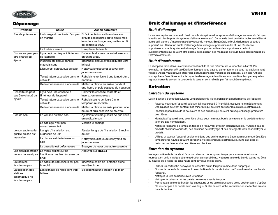 Dépannage, Bruit d'allumage, Bruit d'interférence | Entretien du système, Vr185, Bruit d'allumage et d'interférence, Entretien | ASA Electronics VR185 User Manual | Page 18 / 21