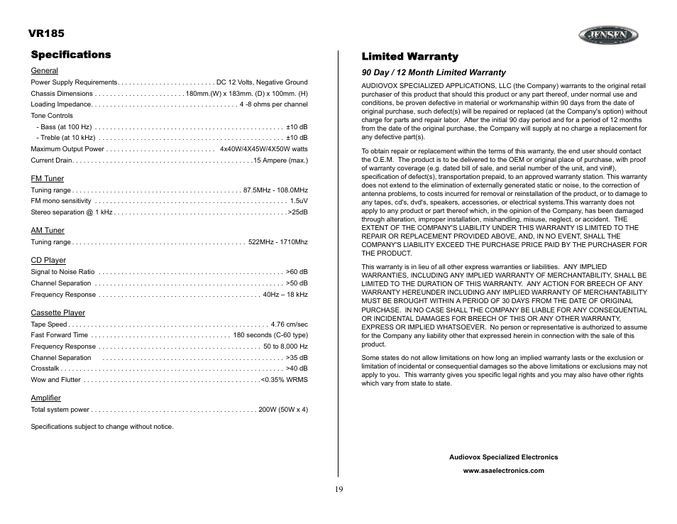 90 day / 12 month limited warranty, Vr185, Limited warranty | Specifications | ASA Electronics VR185 User Manual | Page 19 / 21