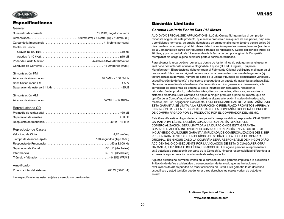 Garantia limitade, Garantía limitada por 90 días / 12 meses, Vr185 | Especificationes | ASA Electronics VR185 User Manual | Page 20 / 21