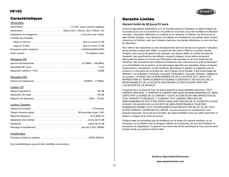 Garantie limitée, Garanti limité de 90 jours/12 mois, Vr185 | Caractéristiques | ASA Electronics VR185 User Manual | Page 21 / 21